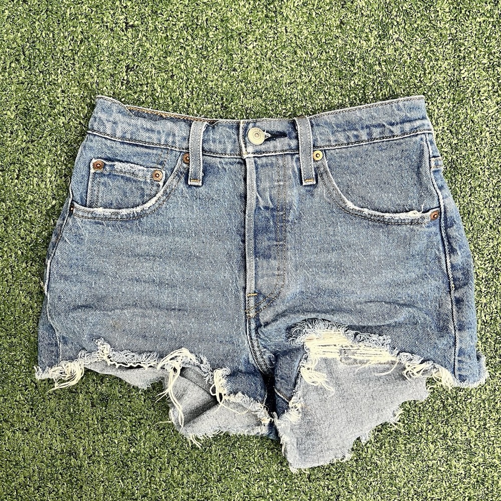 Levis 501 Shorts Womens 24 Blue Denim Cut Off Logo Cotton Frayed Hem Mid Rise